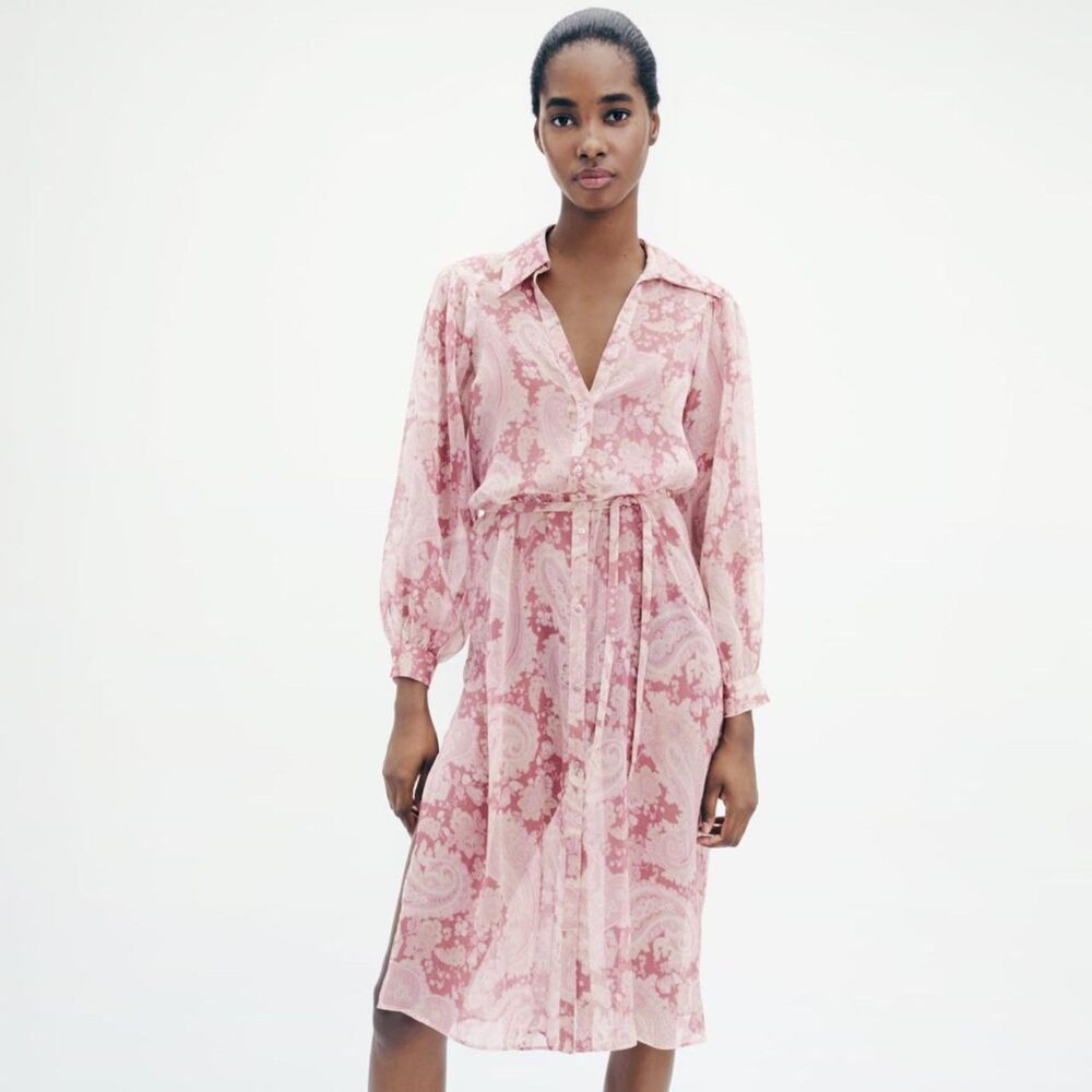 ZARA Semi-Sheer Floral Belted Shirt Dress Pink Small‎